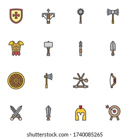 Medieval weapon line icons set, outline vector symbol collection, linear style pictogram pack. Signs, logo illustration. Set includes icons as knight armour, sword, shield, bow, arrow, helmet, axe