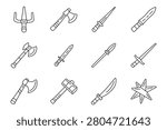 Medieval weapon set icon. Trident, battle axe, pointed dagger, curved saber, double hatchet, sharp spear, throwing star, heavy hammer, warrior equipment collection.