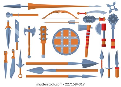 Medieval weapon set icons concept without people scene in the flat cartoon style. Images of weapon used by knights in ancient times. Vector illustration.