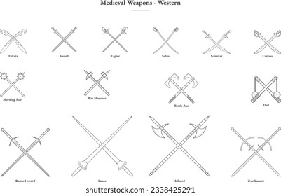 Ilustración de línea de conjunto de armas medievales