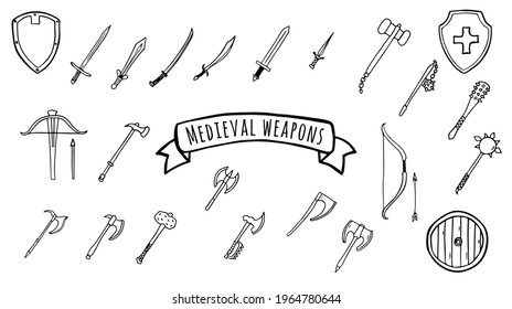 Conjunto de armas medievales de espadas, hachas, martillos, escudos en forma de doodle aislados