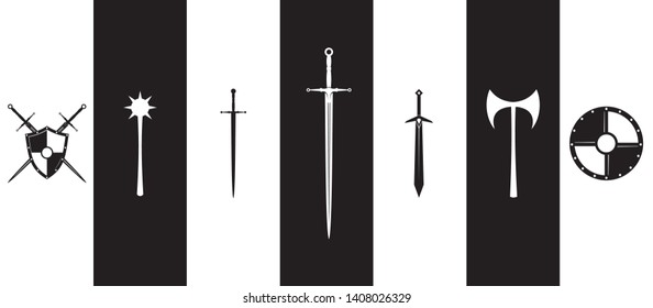 Medieval weapon and shields set, armory black and white