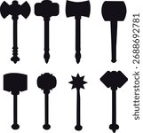Medieval weapon silhouette set isolated on white background. Collection of axe, hammer, mace and war tools. Ancient battle weapon icons, vector illustration for history, fantasy and design