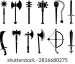 Medieval weapon silhouettes, spiked mace and axes, flail and sword icons, combat tool set, fantasy arms, historical vector bundle