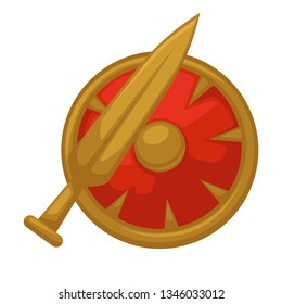 Armamento mediterráneo espada y escudo aislado knight armor vectorial cuchilla y dispositivo de defensa equipo militar king ejército símbolo heráldico historia ataque y protección armas de oro antiguo batalla