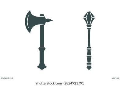 Medieval weapon vector icon set featuring battle axe and royal mace silhouette isolated on background