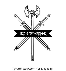 Medieval weapon vector illustration. Crossed swords, ax and iron warrior text. Guard and protection concept for emblems or badges templates