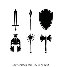 Mittelalterliche Waffen und Rüstung Sammlung Schwert Speer Schild Helm und Axt