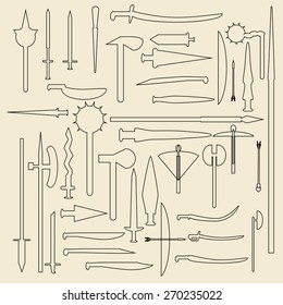 Medieval weaponry  linear icons set. Perfect for web design vector illustration.