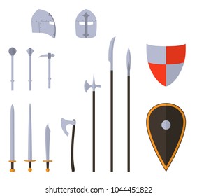 Medieval weapons and armors set. Medieval warrior equipment. Sword, axe, spear, pike, helmet shield Vector illustration