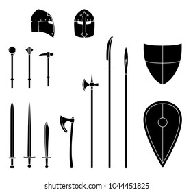 Medieval weapons and armors set. Medieval warrior equipment. Sword, axe, spear, pike, helmet shield Vector illustration