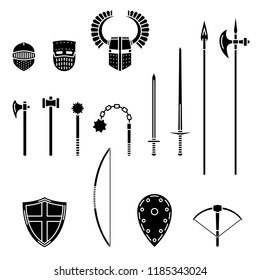 Armadores y armaduras medievales. Equipo de guerrero medieval. Espada, martillo, hacha, macho, lanza, lucio, encaje, arco, escudo de casco cruzado. Ilustración vectorial.