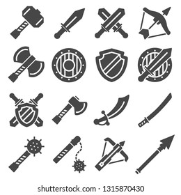 Medieval weapons and armors set. Medieval warrior equipment. Sword, sabre, dagger, axe, male and more