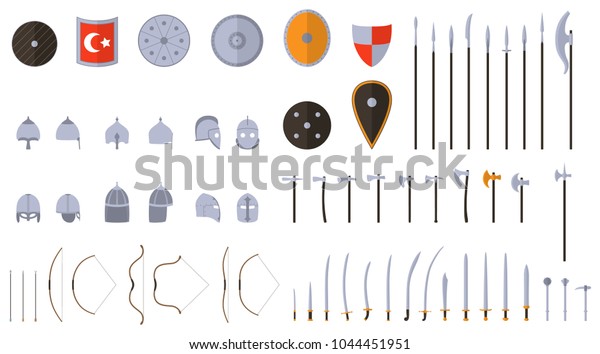 中世の武器と兵器セット 中世の武器 剣 剣 剣 斧 雄 槍 槍 矢の矢の兜のシールドベクターイラスト のベクター画像素材 ロイヤリティフリー
