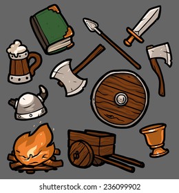 Medieval weapons, book, cups, and other things
