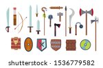 Medieval weapons concept set in a cartoon style. Antique swords, axes, spear, knife, dagger, bow, staff, mace, shields. Arms isolated on white background. Vector flat design elements.
