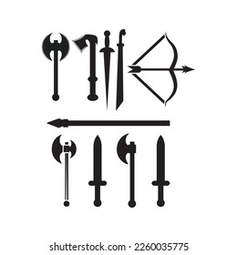 Mittelalterliches Waffenkonzept im Cartoon-Stil. Antike Schwerter, Äxte, Speer, Messer, Dagger, Bug, Stab, Mass, Schilde. Waffen einzeln auf weißem Hintergrund. Vektor-Flachdesign-Elemente.
