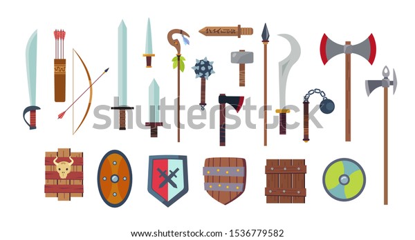Medieval\
weapons concept set in a cartoon style. Antique swords, axes,\
spear, knife, dagger, bow, staff, mace, shields. Arms isolated on\
white background. Vector flat design\
elements.