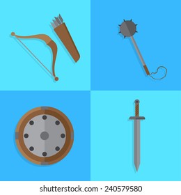 Medieval weapons icons in flat style design. Game icons set.