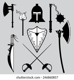 Medieval weapons icons set includes swords, axe, shield, helmet, halberd, mace, dagger, torch. Vector illustration