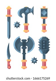 Medieval weapons. slice knives axes swords and clubs fantasy tools for warriors soldiers. vector weapons illustrations