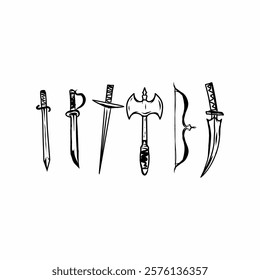 medieval weapons. swords, axes, and a bow. Hand drawn black and white vector illustration. Perfect for game design, historical themes, or graphic projects