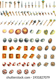 Armas medievales en arte vectorial, para íconos, juegos. Muchos escudos, espadas, cordones, lances, dagas.