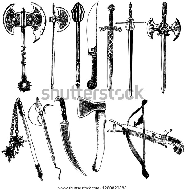 中世の武器のベクター画像セット 斧 剣 ビルフック クロスボウ クレイモア 半音 フランジ フランジとメイス スパイクとメイス のベクター画像素材 ロイヤリティフリー