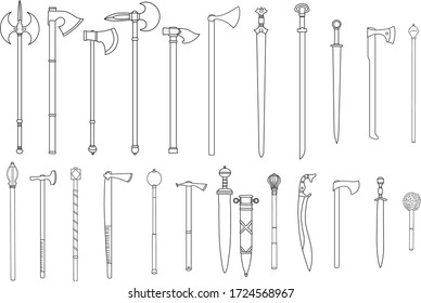 Medieval weapons vector set, swords axes, historical weapon