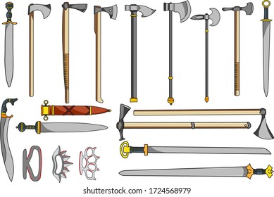 Conjunto de vectores de armas medievales, ejes de espadas, arma histórica
