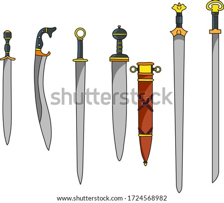 Medieval weapons vector set, swords axes, historical weapon