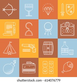 Medieval and western lineart minimal vector iconset on multicolor checkered texture