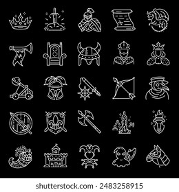 Medieval, white line icons. Icons representing the Middle Ages, knights and historical elements. Ideal for historical and educational themes. Symbols on black background. Editable stroke.
