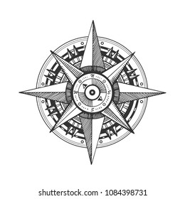 Medieval wind rose engraving vector illustration. Scratch board style imitation. Black and white hand drawn image.