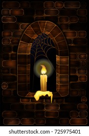 Medieval window in castle with candle. Happy halloween background, vector illustration