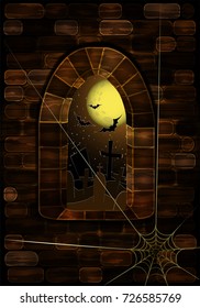 Medieval window in castle with cemetery. Happy halloween background, vector illustration