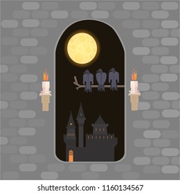 Medieval window in castle. Happy helloween card, vector illustration with candles and full moon, ravens on the tree stick and haunted castle .Autumn night vector illustration for web and print.  
