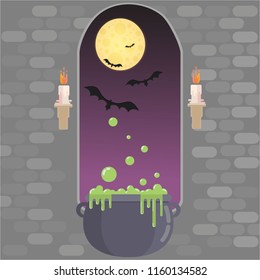 Medieval window in castle. Happy helloween card, vector illustration with candles and full moon, bats  and witch pot. Autumn night vector illustration with purple sky for web and print.  
