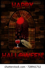 Medieval window in castle with red moon. Happy halloween wallpaper, vector illustration