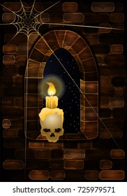 Medieval window in castle with skull. Happy halloween background, vector illustration