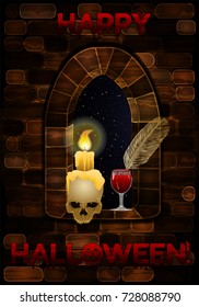 Medieval window in castle with skull. Happy halloween background, vector illustration