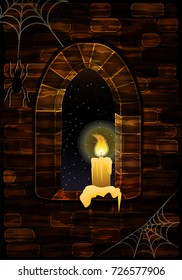 Medieval window in castle with spiderweb and candle. Happy halloween background, vector illustration