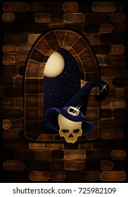 Medieval window in castle with a witch's hat. Happy halloween background, vector illustration