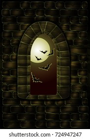 Medieval window in the magic castle. Happy halloween card, vector illustration