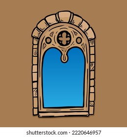 Ilustración vectorial de ventana medieval sobre fondo sepia