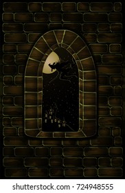 Medieval window and witch. Happy halloween card, vector illustration