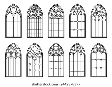 Medieval windows of gothic castle or church glass and cathedral arches, vector architecture. Vintage gothic windows with stained glass ornament, antique temple or Renaissance church arched windows