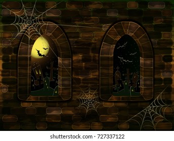 Medieval windows in magic castle with cemetery. Happy halloween background, vector illustration