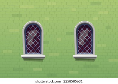 medieval windows on green color brick wall
