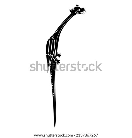 Medieval winged dragon. Gothic illuminated manuscript design. Fantastic animal. Isolated vector illustration. Black and white negative silhouette.